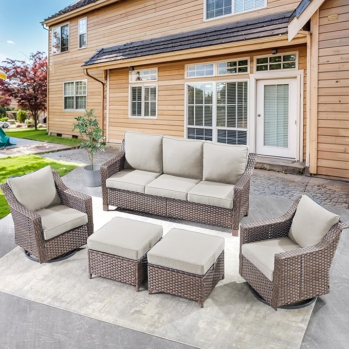 Outdoor Wicker Patio Furniture Set - 5 Piece Outside Rattan Conversation Bistro Dining Chair Sets with Rocking Swivel Chairs, 3-Seat Couch and Ottomans for Porch Yard Balcony – Brown/Beige