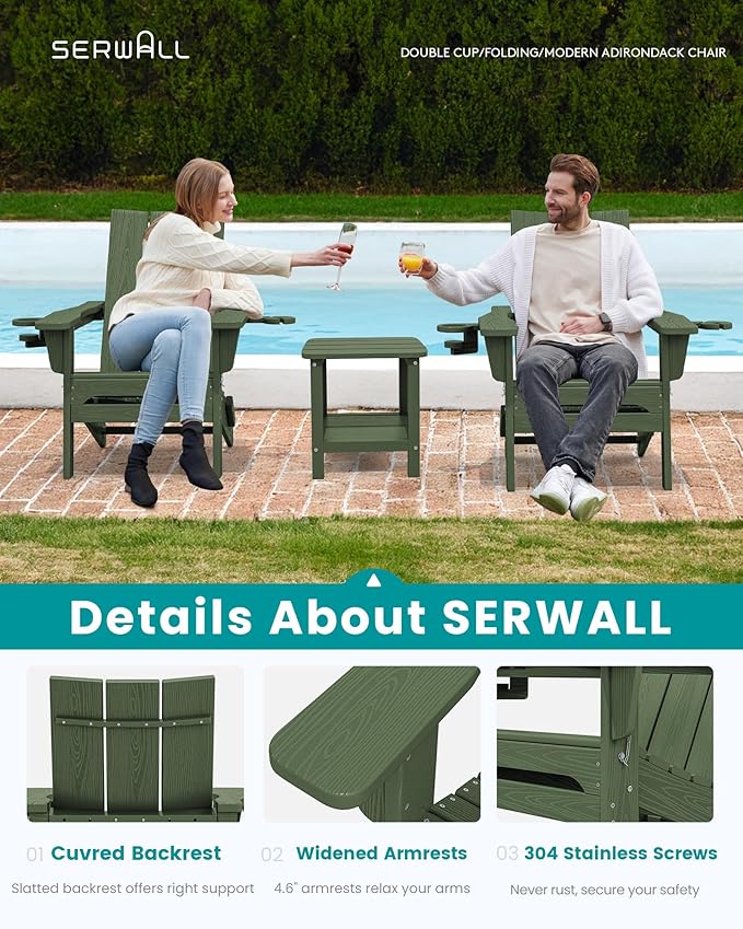 SERWALL Modern Adirondack Chair, Folding Adirondack Chair with Dual Cup Holders, Outdoor HDPE Fire Pit Chair for All Weather Use, Avocado Green