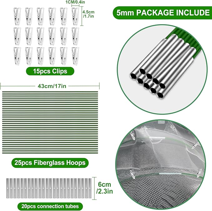 FOTMISHU Garden Hoops for Raised Beds Row Cover,5 Sets 7ft Grow Tunnel,Rust-Free Fiberglass Greenhouse Support Hoops Frame for Garden Mesh Netting, Outdoors Plant Growth -24PCS
