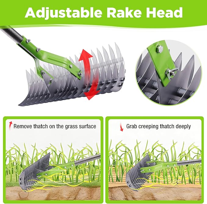 WORKPRO Thatch Rake, 15-Inch Thatching Rake for Lawns, Heavy Duty Dethatcher Rakes with 5FT Handle, Dethatching Rakes with Adjustable Head for Removing Dead Grass and Clippings, Loosening Soil