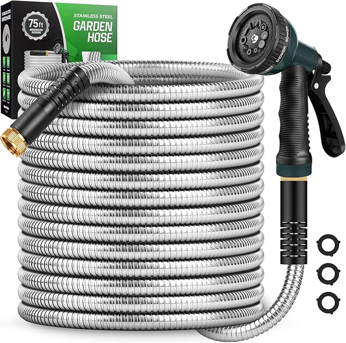 Garden Hose with 10-Function Nozzle, Leak-proof Metal Connector Hose, No Knots, Kink-Free Hoses, Lighter, Anti-Pets, Wear-Resistant, 3/4 GHT, Water Hose for Garden, Yard, Outdoor（75 FT）