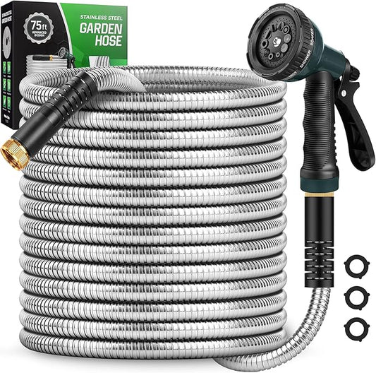 Garden Hose with 10-Function Nozzle, Leak-proof Metal Connector Hose, No Knots, Kink-Free Hoses, Lighter, Anti-Pets, Wear-Resistant, 3/4 GHT, Water Hose for Garden, Yard, Outdoor（75 FT）