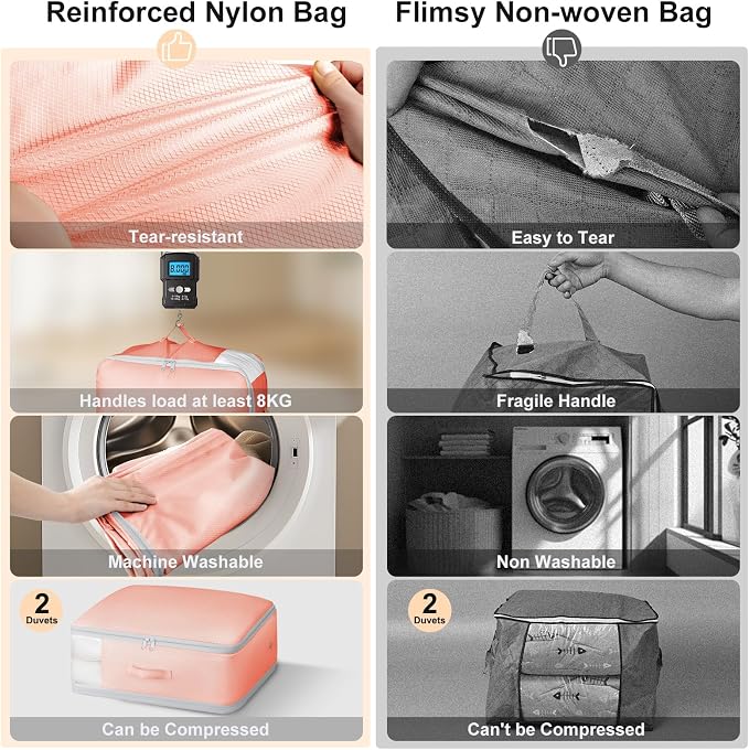 Comforter Storage Bag - Large Capacity Blanket Storage Bags 3-Layer Ultra Space Saving Self Compression Organizer, Washable Compression Bags for Storage Comforter Blanket, 4-Pack, Pink