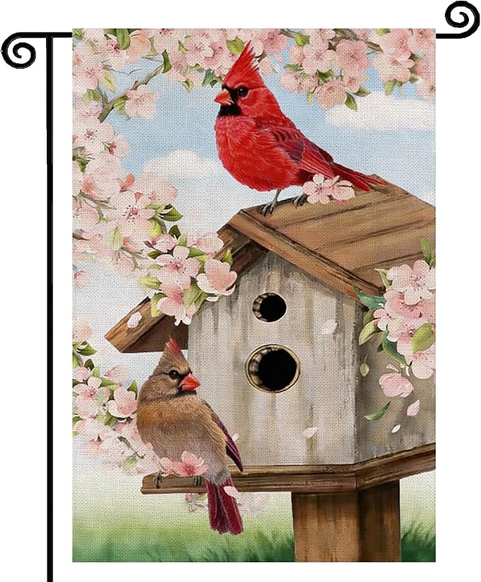 Spring Cardinal Bird Garden Flag 12x18 Inch Double Sided Burlap for Outdoor Party Pink Flowers Tree Summer Holiday Farmhouse Decor