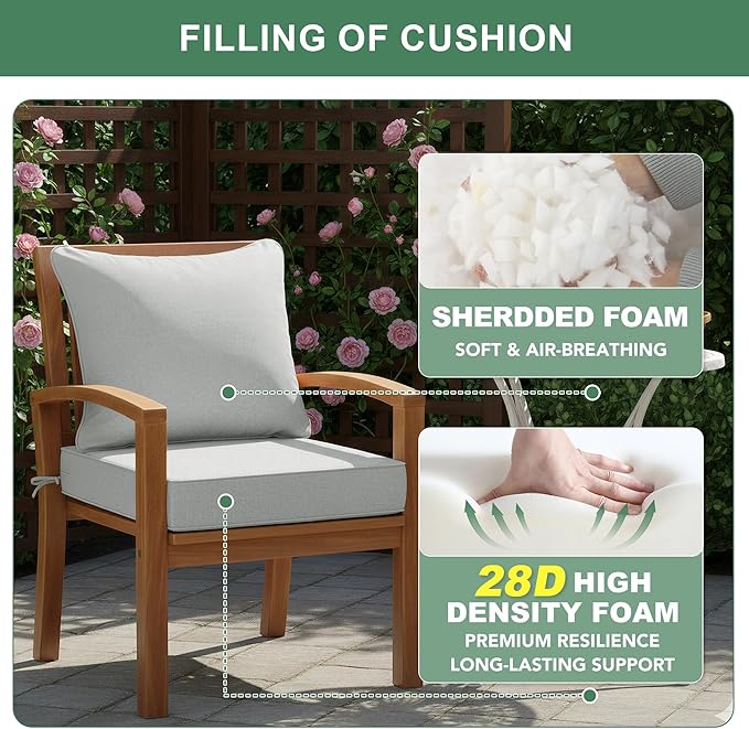 Summsun Patio Cushions for Outdoor Furniture, Faux Linen Water Resistant Backrest and Deep Seat Cushion Set with Non-Slip Bottom, Ties, Removable Cover, 22 x 22 Inch, Light Grey