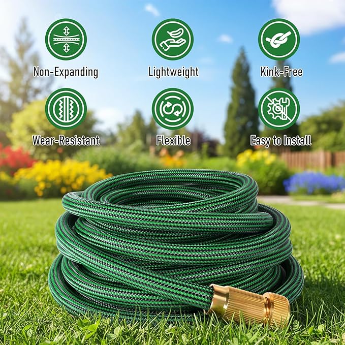 Garden Hose 75 ft x 3/4" NON-EXPANDABLE Water Hose, Flexible & Lightweight Kink Resistant Hybrid Hose, Leak-Proof Heavy Duty, Super Durable Fabric with 3/4" Solid Brass Connectorsaaa