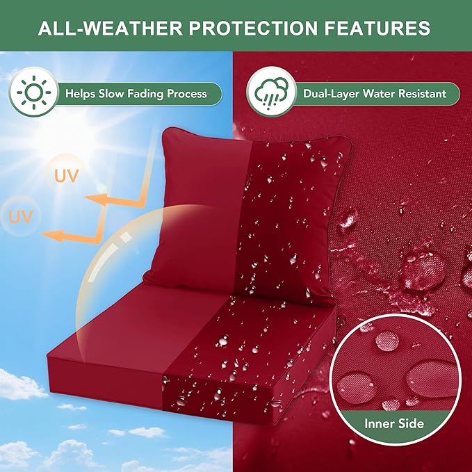 Summsun Waterproof Patio Cushions for Outdoor Furniture, Fade Resistant Back Pillow and Seat Cushion Set for Couch Replacements, 24 x 24 Inch, Red, 1 Set