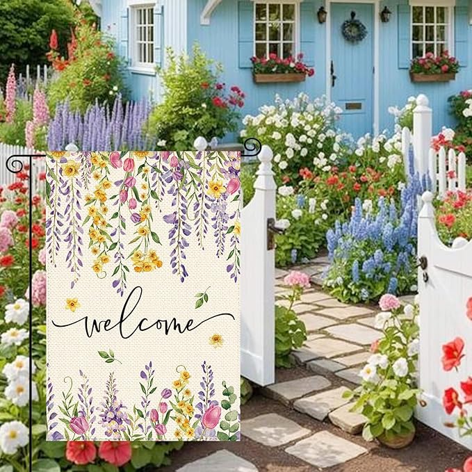 Spring Summer Wisteria Wildflowers Welcome Garden Flag 12 x 18 Inch Double Sided, Daffodils Floral Burlap Small Yard Flag Holiday Farmhouse Flags for Patio Outdoor Outside Decoration