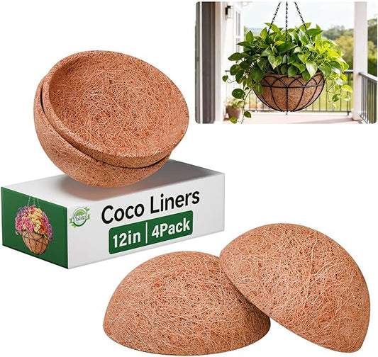 Halatool 4 Pack 12 Inch Coco Liners Natural Coconut Liners for Planters Round Coco Coir Hanging Basket Liner for Flowers Vegetables