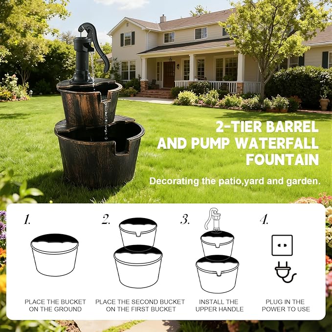 2-Tier Barrel Waterfall Fountain,27-Inch Plastic Outdoor Water Feature with Pump for Garden,Patio and Backyard