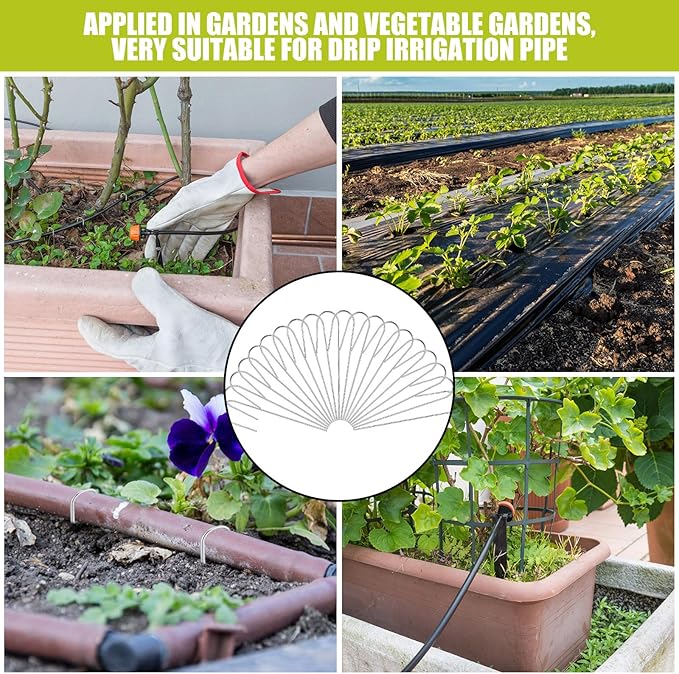Pelopy 200 Pcs 5/8" Irrigation Drip Tubing Stakes 5 in J-Shaped Landscape Staples Garden Drip Line Stakes Soaker Hose Pins for Lawn Plant Yard Fence Ground Drips Systems, Sliver