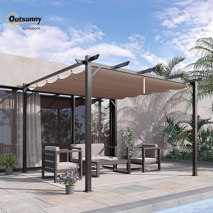 Outsunny 10' x 10' Aluminum Patio Pergola with Retractable Pergola Canopy, Backyard Shade Shelter for Porch, Outdoor Party, Garden, Grill Gazebo, Charcoal Gray