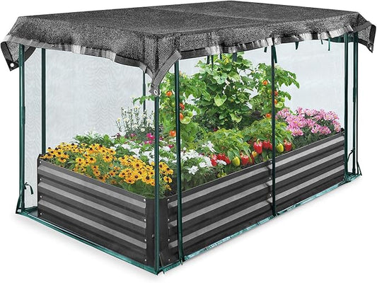 Quictent Galvanized Raised Garden Bed with Crop Cage Plant Protection Net Tent and Shade Cloth Kit Metal Planter Box Bottomless Planting Vegetables Outdoor Backyard Included T Tags Wing Nuts 6x3x1 Ft