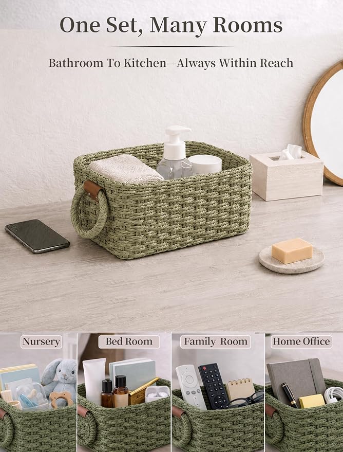 Small Wicker Baskets, 3 PCS Paper Rope Baskets for Shelves, Green | Recycled Small Baskets, 3 Sizes Woven Baskets for Organizing, Decorative Storage Baskets for Bedroom and Bathroom