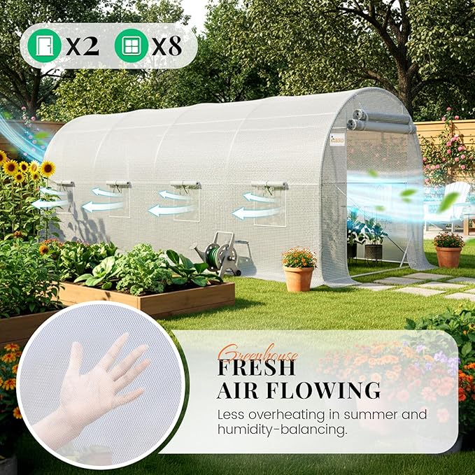 KING BIRD Premium 15x7x7 FT Greenhouse for Outdoors, Large Walk-in Heavy Duty Galvanized Steel Frame, Mesh Door Screen Window Tunnel Hoop Garden Plant Winter Hot House with Storage Shelves, White