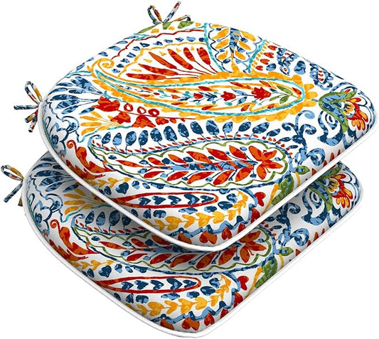 DYTXIII Set of 2 Outdoor Chair Cushions with Ties,Water Repellent Patio Chair Pads 17"x 16" for Outdoor Furniture,Round Corner Seat Cushions for Garden Yard Kitchen Paisley Multi