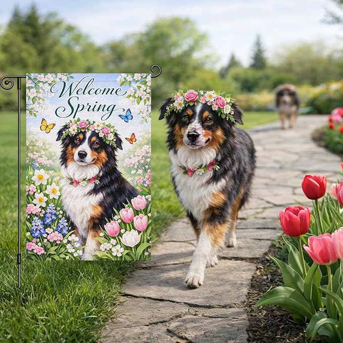 Heyfibro Welcome Spring Garden Flag 12x18 Inch Double Sided Australian Shepherd Dog Garden Flag Small Yard Flags for Outside House Farmhouse Seasonal Spring Outdoor Decorations