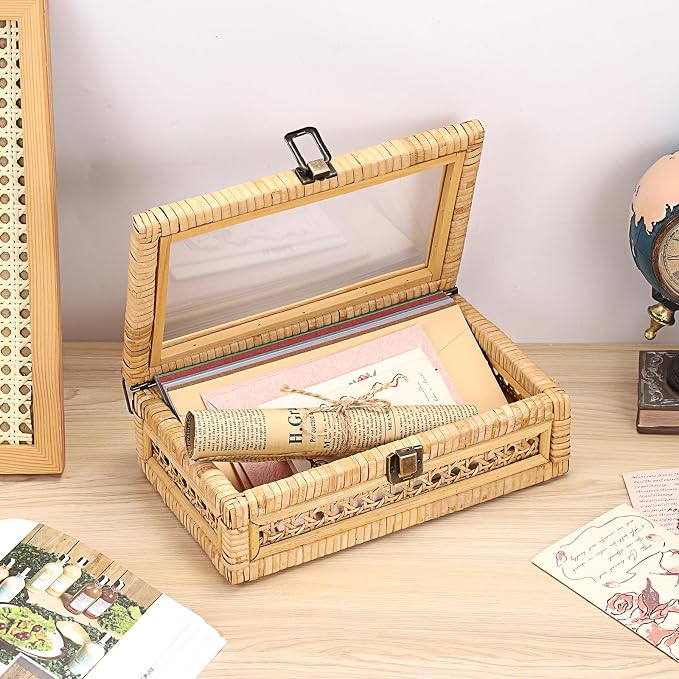 Hipiwe Rattan Storage Box with Lid Vintage Decorative Basket for Home Decor | Handwoven Wicker Basket Box for Display, Rectangular Storage Bin for Remotes, Keepsake, 9.8" x 5.9" x 3.1"