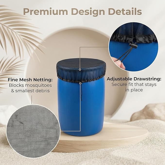 2PCS 39’’ Mesh Cover for Rain Barrel with Drawstring Water Collection Buckets Tank Net Cover Rain Barrels Protector for Preventing Fallen Leaves in Outdoor Garden Eaves(Black)