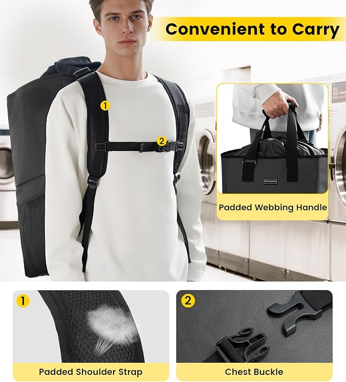 Vorspack Laundry Backpack Bag with Shoulder Straps, XX-Large Hamper, Black | Heavy Duty 2 in 1 Laundry Basket, Structured Square Base, Portable Hamper for College Dorm Camp Laundromat Apartment Travel