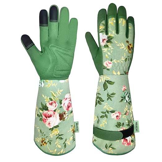WANCHI Garden Gloves, Long Sleeve Leather Gardening Gloves for Yard and Gardening Work, Gardening Gifts for Women, Cute, Comfortable, Durable, Green Print (Small)