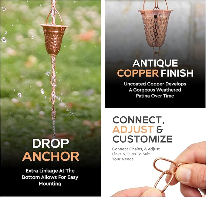 Copper Hammered Rain Chain – Decorative Chimes & Cups Replace Gutter Downspout & Divert Water Away from Home for Stunning Fountain Display – 6.5’ Long for Universal Fit – Bell Style