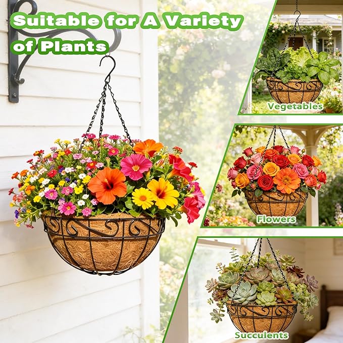 2 Pack 12 Inch Metal Outdoor Hanging Baskets Black Heavy Duty Hanging Planters with Coco Liners for Indoor Outdoor Plants Gardens Patios Terraces（Lace）