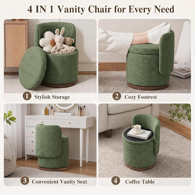 Ottoman with Storage, Round Vanity Stool with Back | 22L Hidden Seat, 360° Swivel, Reversible Lid, No Wheels, Upholstered Makeup Footstool for Bedroom