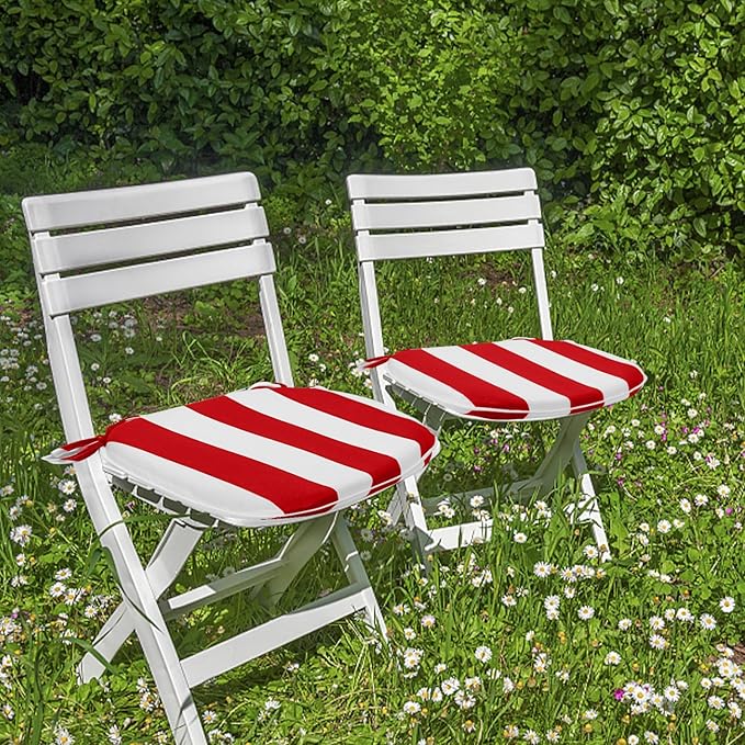 SleepMan Outdoor 17"x16" Chair Cushions with Ties Set of 6, Water Resistant All Weather U-Shape Seat Pads for Patio Garden Furniture Indoor Fade Resistant Patio Cushions (Red Stripe)
