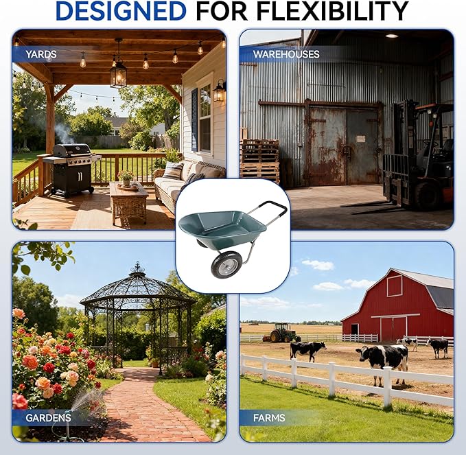 Dual Wheel Garden Wheelbarrow,Heavy Duty Yard Cart with 10“/15" Pneumatic Tires, Rustproof Poly Tray & Steel Handle, 300 lbs Capacity Utility Cart for Lawn, Farm, and Landscaping (Green-15“)