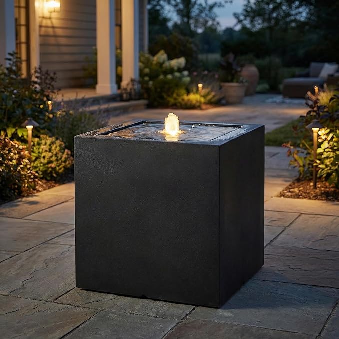 Sunnydaze Outdoor Water Fountain with LED Light - Modern Square Bubbler Water Feature with Pump - 17.5" H - for Patio, Garden, Deck, Relaxation and Stress Relief - Black