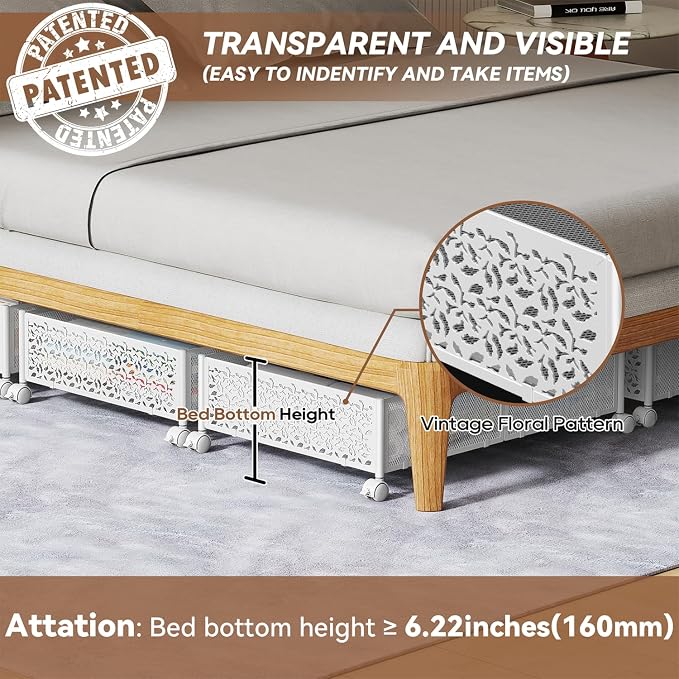 PHINOX Under Bed Storage Container with Wheels,Patterned,Metal,2 Pack,White
