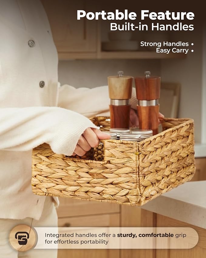 Bluewest Water Hyacinth Storage Baskets, Set of 6, Woven Bins with Handles