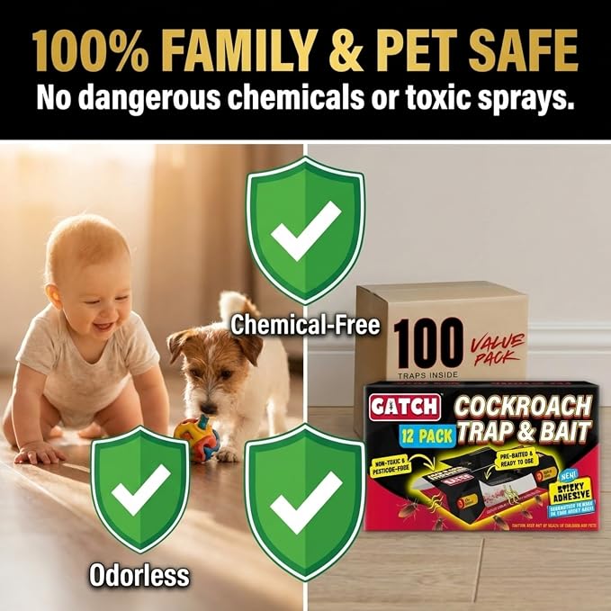 GATCH Roach Traps Indoor (100 Pack), Sticky Baited Cockroach Traps, Roach Killer Indoor Infestation, Adhesvie Glue Traps for Roaches, Insects, Home Bug Ant Spider Cricket, Child & Pet Friendly