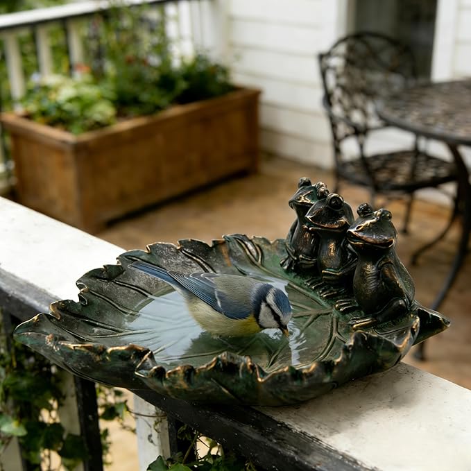 Bronze Leaf Bird Bath with Frog Figurines Resin Birdbath Bowl Small Water Dish Birdfeeder Tray Bird Water Feeder for Lovers Gardeners Yard Decorations Outdoor Garden Decor Patio