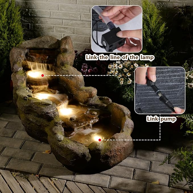 Sunlinua 42" L Outdoor Water Fountain with 3 Tiers Cascading Realistic Tree Trunk Waterfall Fountains with LED Lights Outdoor Water Fountain for Garden Patio Backyard Porch Home Decor