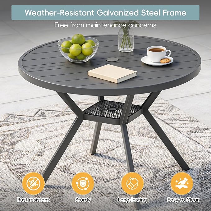 42" Outdoor Patio Table Dining Table, All Weather Metal Round Patio Table with Adjustable Umbrella Hole, Patio Furniture for Lawn Garden Backyard, Grey