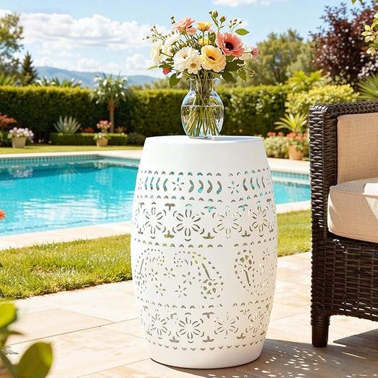 Large Outdoor Side Table, 18"H Modern Lace Cut-Out Metal End Table, Hollow Drum Coffee Table Planter Stand with No Assembly & Weather-Resistant,Decorative Garden Stool for Patio, Garden, Indoor