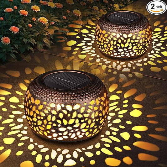 Solar Lanterns Outdoor Waterproof Decor: 2 Pack Red Copper Hollow Out Retro Metal Solar Lights - Unique Gardening Gifts for Women Mom - Outside Patio Porch Yard Tabletop Decorations 2 Lighting Modes