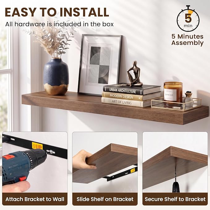 Acovy 48x8in Floating Shelves 2 Pack, Wall Mount Display Shelf, Walnut | Invisible Brackets, 35lb Sturdy MDF, 48in Long, Easy Install, For Bedroom, Bathroom, Living Room, Kitchen & Office