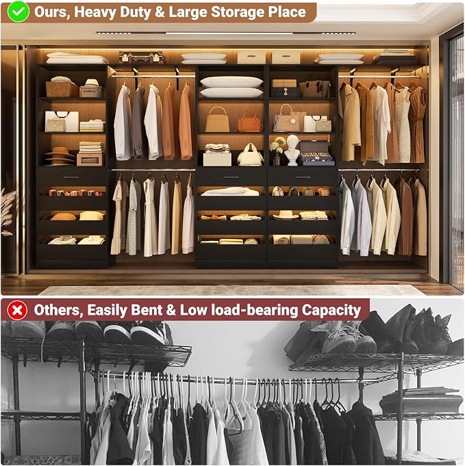 Aheaplus Closet System, 138.5" Closet Organizer with 12 Drawers & 4 Rods