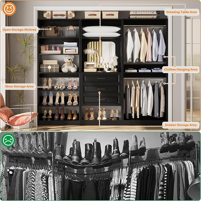 Unikito 75" Modular Closet System with 3 Sets, Mirror & Drawers, Black