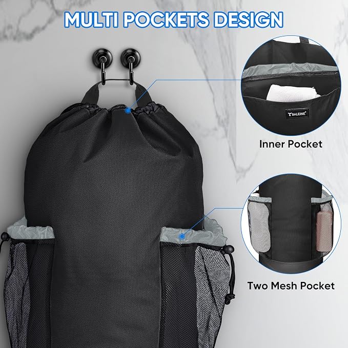 BALEINE 150L Laundry Bag Backpack, 900D Oxford Fabric Large Travel Laundry Bags with Shoulder Straps and 2 Mesh Pockets for College Dorm, Apartment, Laundromat (Black, 150L)