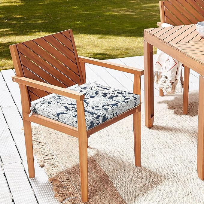 LVTXIII Outdoor Chair Cushions 18.5"x16"x2" Pack of 2, Water-Repellent Square Corner Memory Foam Seat Cushions with Ties for Garden Patio Furniture, Damask Lapis