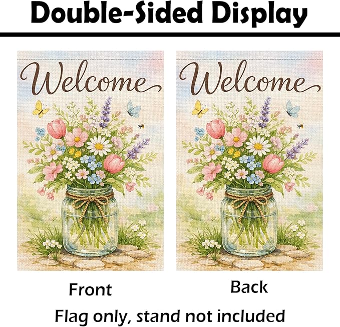 Heyfibro Welcome Spring Garden Flag 12x18 Inch Double Sided Butterfly Floral Garden Flag Small Farmhouse Flags for Outside House Yard Seasonal Spring Outdoor Decorations