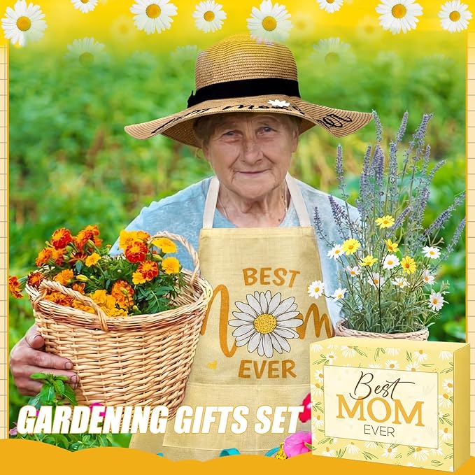Lasnten 16 Pcs Mothers Day Garden Gift for Mom Women Dasiy Gardening Supplies Birthday Garden Tools Set from Daughters Gloves Apron Insulation Cup Fork Trowel Tote Bags for Planter Present