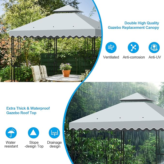 10x10 Double Tiered Gazebo Replacement Canopy, Upgraded 300D Polyester Heavy Duty Canopy Cover Top with Air Vent, Waterproof Gazebo Cover Roof for Outdoor Patio Garden(Grey, Wavy Edge)