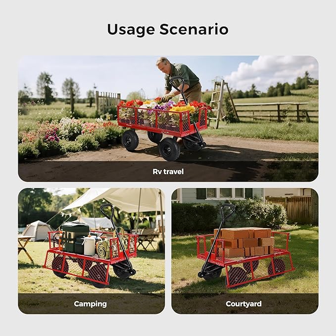 SUNNYFEEL 500 Lbs Capacity Heavy Duty Mesh Steel Garden Cart,Folding Utility Wagon with Removable Sides,10 Inch Flat Free Tires, Red