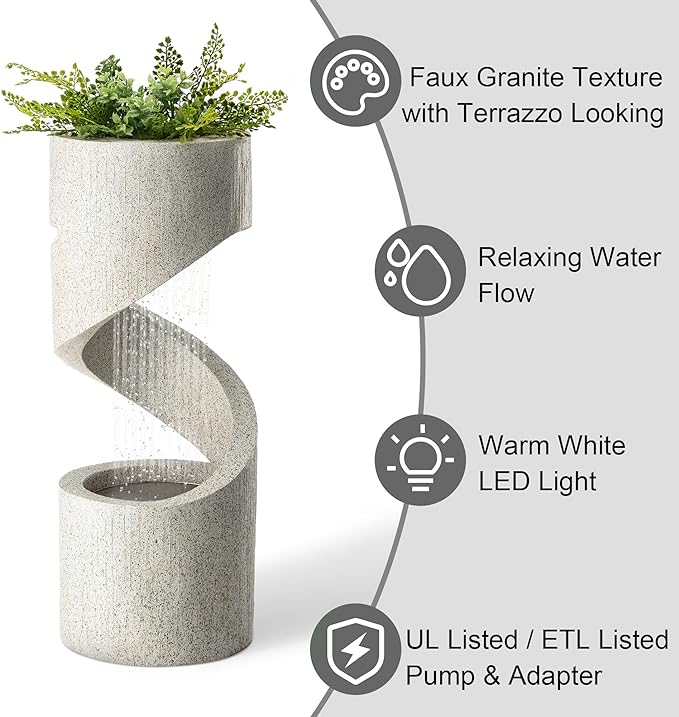 Glitzhome Outdoor Water Fountain, 31.25" H Modern Faux Terrazzo Spiral Shaped Outdoor Fountain with Pump and LED Lights,Polyresin Waterfall Fountain Water Feature for Garden, Patio, Porch Decor