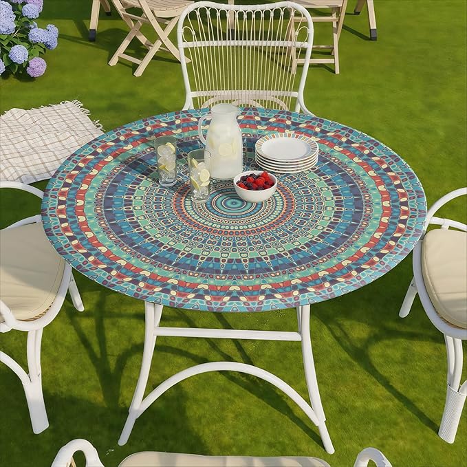 Boho Vinyl Round Tablecloth Waterproof Fitted Table Cloth Summer Fall Outdoor Circle Cover for 36-44" Tables Kitchen Dining Apartment Essentials Picnic Camping Party Decor Housewarming Gifts
